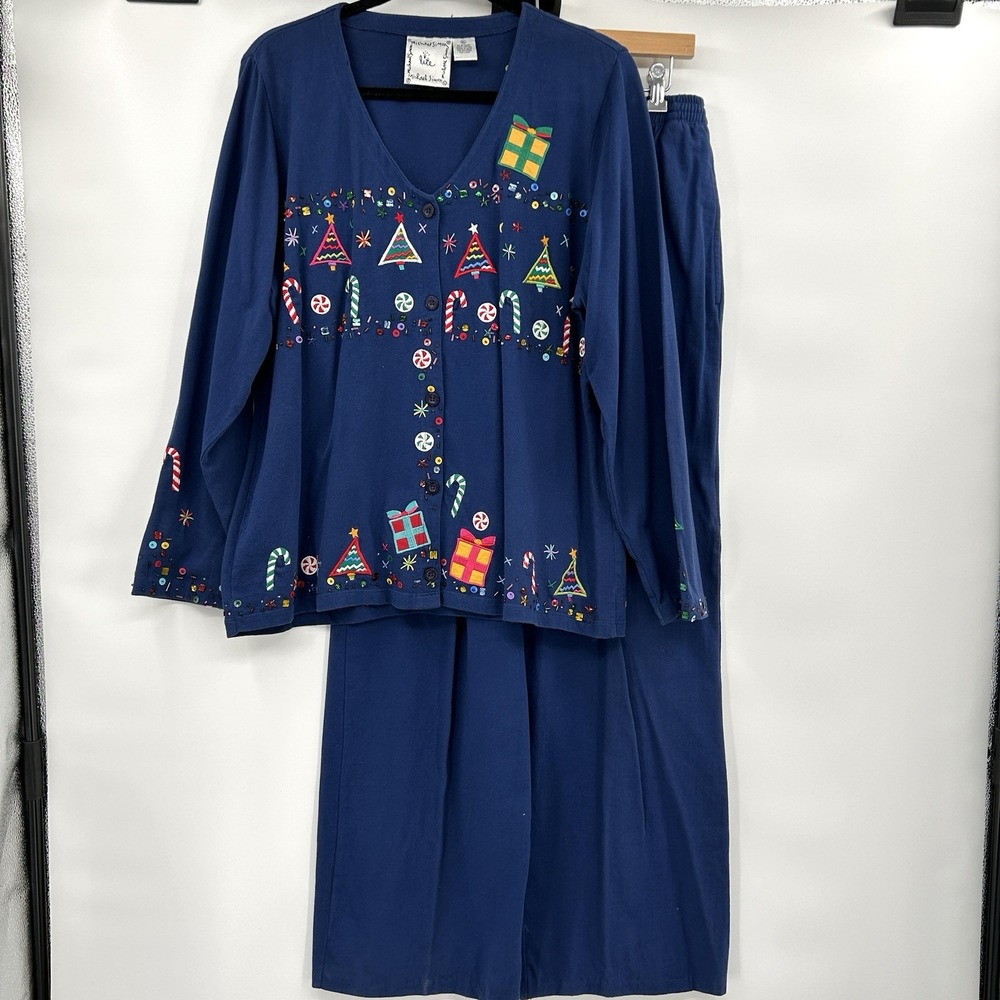 Michael Simon Lite Beaded Embroidered Christmas Tree Candy Cane‎ Set Sz XL Blue